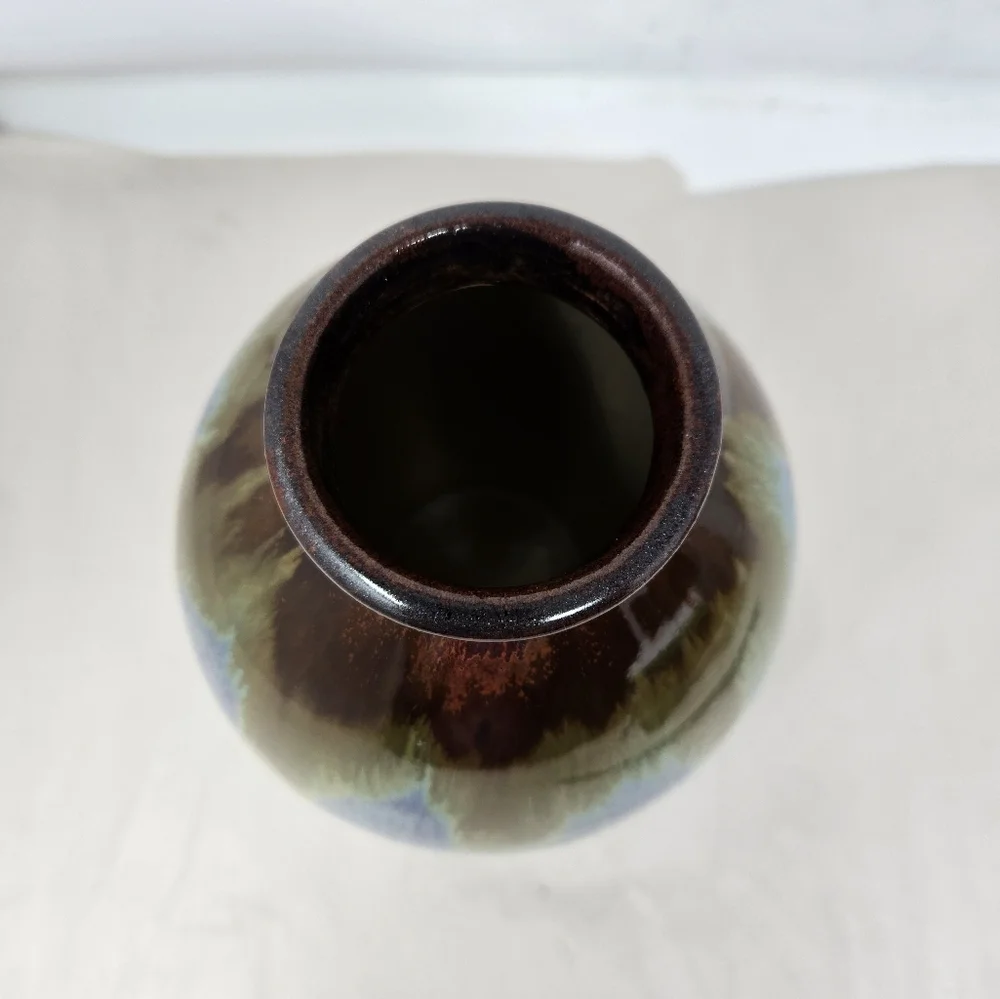 Pottery Vase Egg Shape Multicolor Glazed Timeless Beauty Drip Brown Over Blue